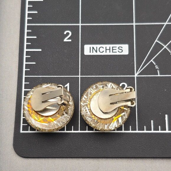 VTG Lucite Confetti Dome Clip-On Earrings 1" Silver Tone Mid-Century Glam - Picture 7 of 7